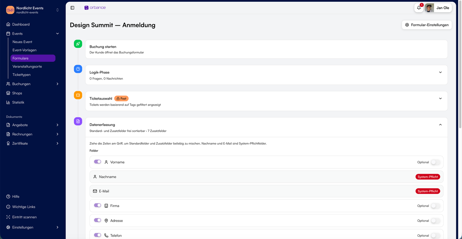 Vorschau eines Anmeldeformulars im Orbance Ticket-Shop