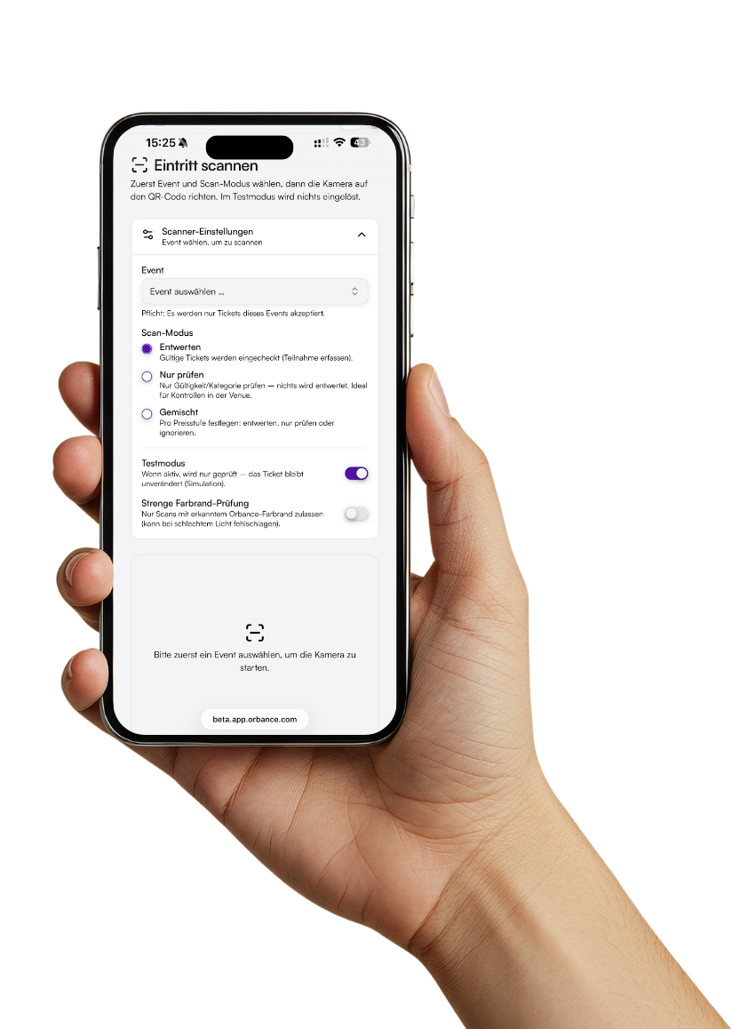 Ticket-Scanner auf dem Smartphone. Eintritt scannen in Orbance